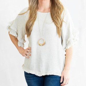 Oatmeal Double Ruffle Sleeve Linen Tunic Top with Frayed Hem by Umgee Clothing
